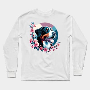 Joyful Entlebucher Mountain Dog with Spring Cherry Blossoms Long Sleeve T-Shirt